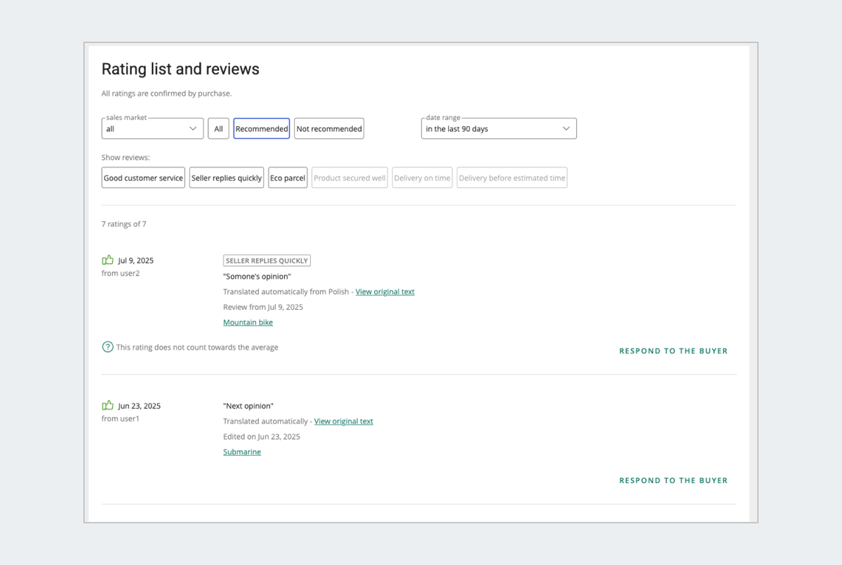 ratings tab with filters
