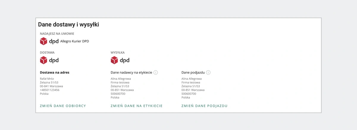 Dane dostawy i wysyłki