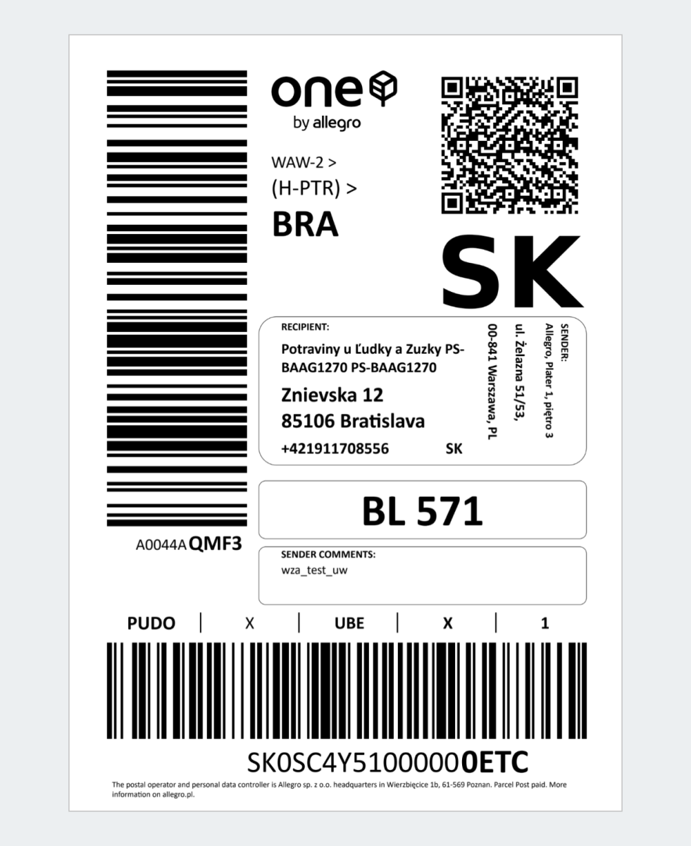 przykład etykiety dla przesyłek Allegro International Słowacja