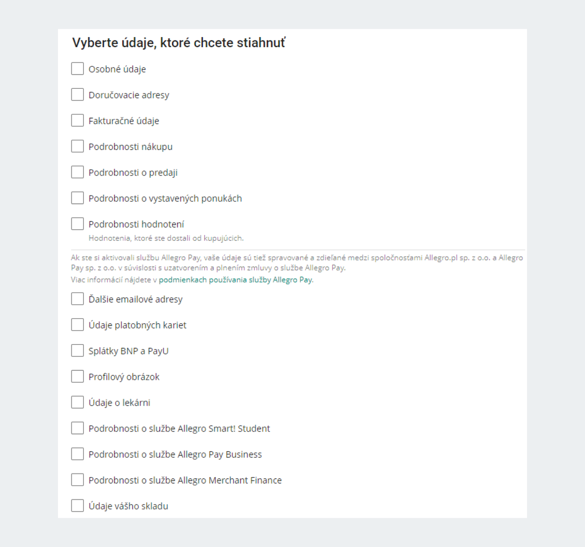 Vyberte množiny údajov, ktoré chcete stiahnuť