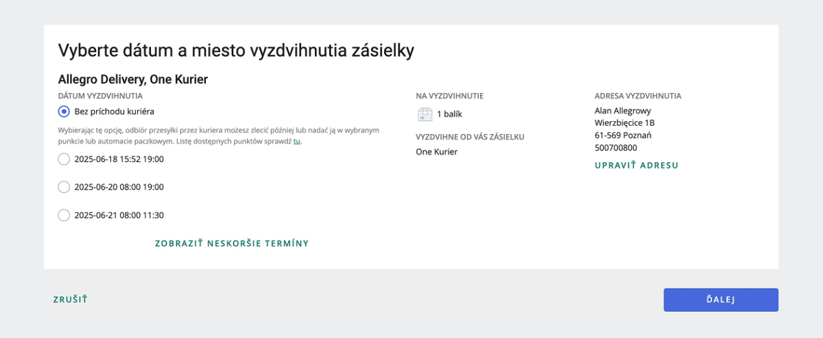 upraviť adresu vyzdvihnutia