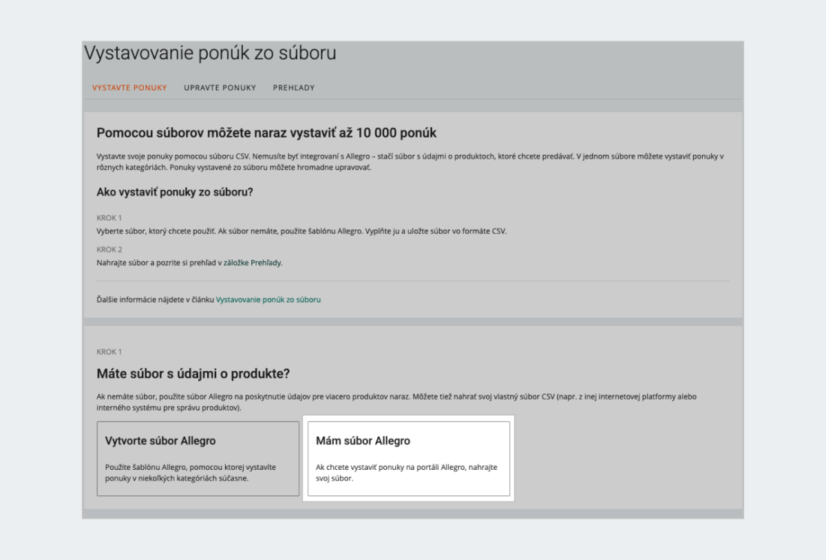 Možnosť Mám súbor Allegro v záložku Vystaviť zo súboru