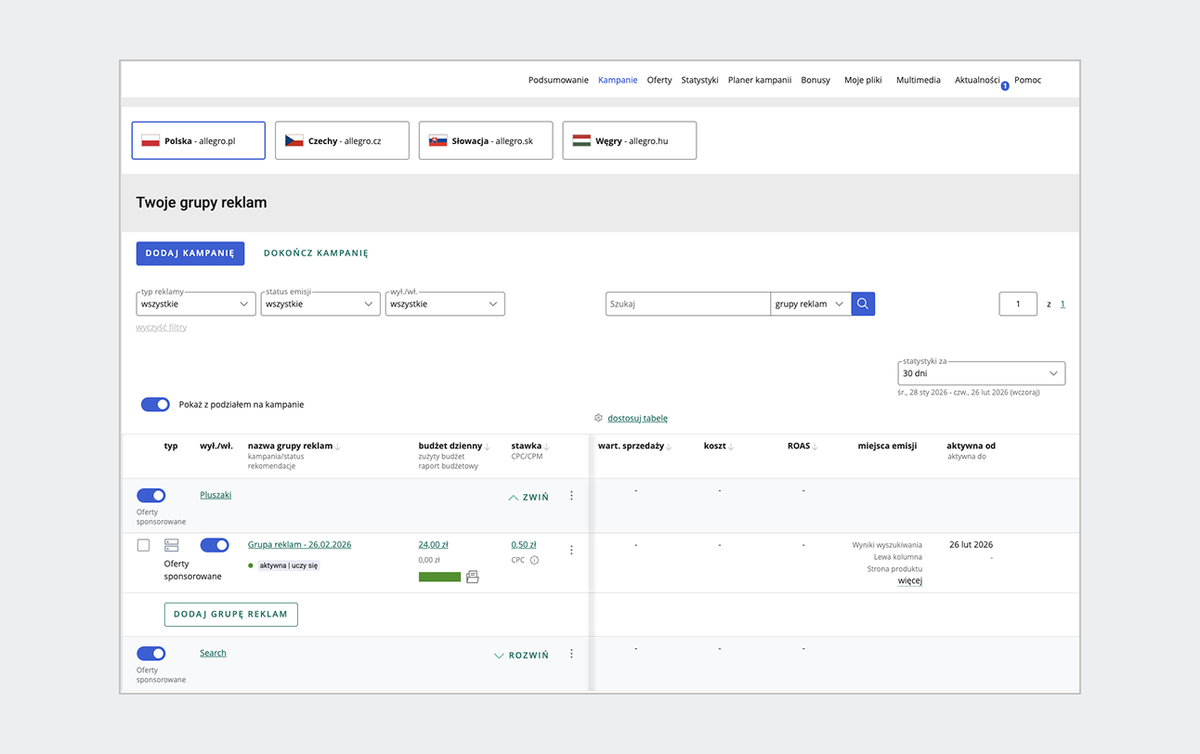Zrzut ekranu z widokiem na panel Allegro Ads