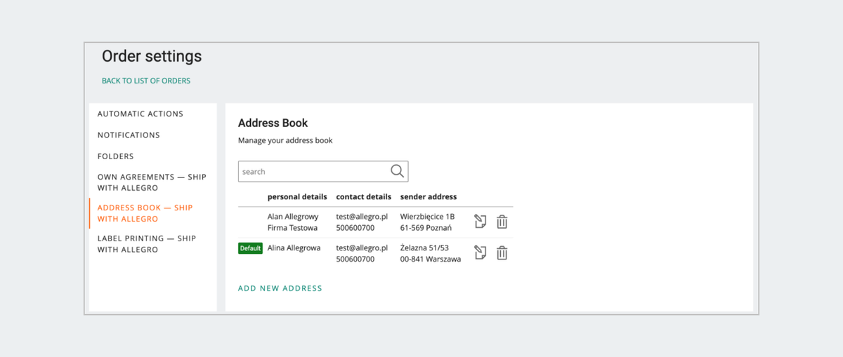 Address Book in the Order Settings
