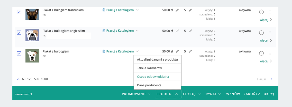 Zrzut ekranu zakładki Mój asortyment. Aby uzupełnić dane osoby odpowiedzialnej dla wielu ofert, zaznaczysz te oferty. W dolnym pasku kliknij Produkt, a następnie Osoba odpowiedzialna.