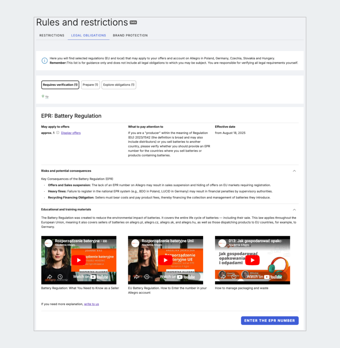 Legal obligations tab showing instruction to enter EPR