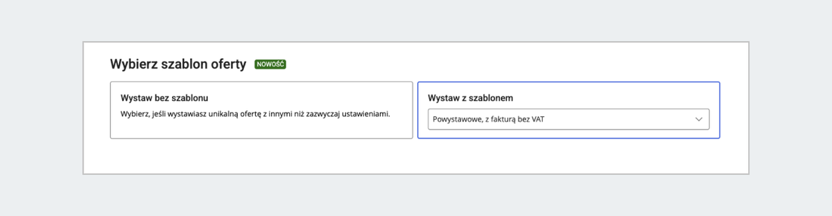 Zrzut ekranu z sekcji "Wybierz szablon oferty". Zawiera dwa kafelki do zaznaczenia: "Wystaw bez szablonu" i "Wystaw z szablonem". Kafelek "Wystaw z szablonem" zawiera rozwijaną listę, na której widać nazwę aktualnie wybranego szablonu: "Powystawowe, z fakturą bez VAT".