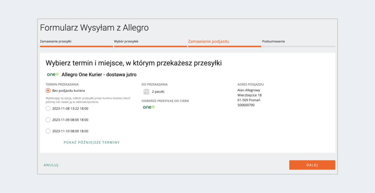 Krok Zamawianie podjazdu w Wysyłam z Allegro - jak wygląda teraz