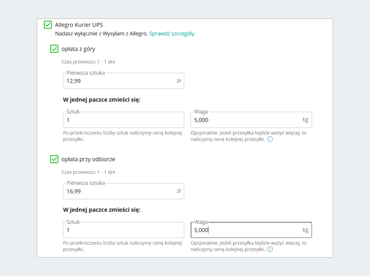 Cennik - maksymalna waga paczki