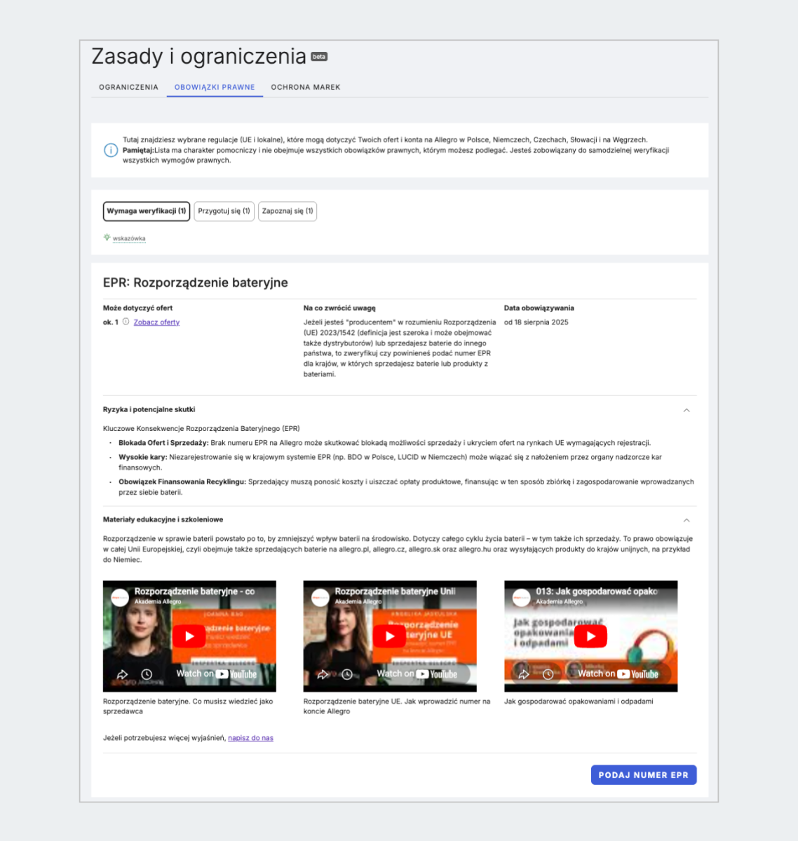 Zrzut ekranu, na którym widać sekcję Obowiązki prawne i część Wymaga weryfikacji