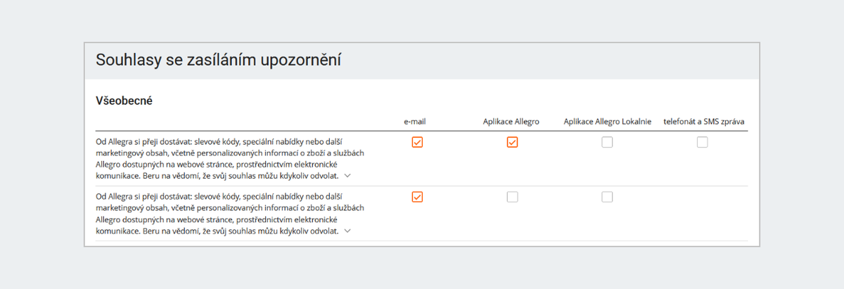 Souhlasy se zasíláním upozornění