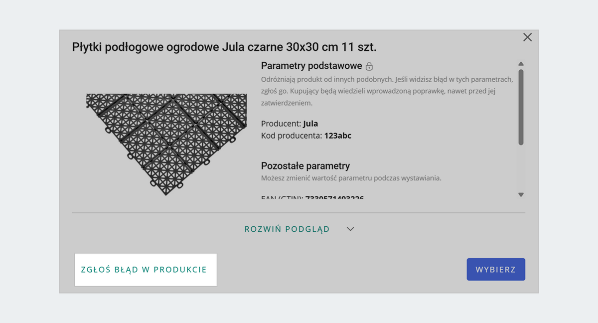 zrzut ekranu: widok karty produktu z podstawowymi danymi. Tutaj możesz kliknąć zgłoszenie błędu w produkcie.