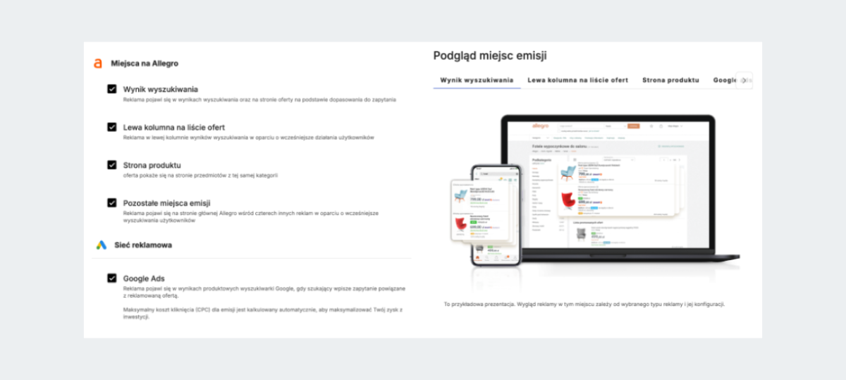 zrzut ekranu: pokazuje widok z panelu allegro ads z wyborem miejsc emisji reklamy