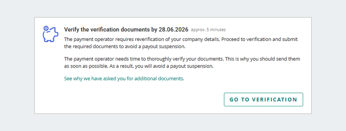 Screenshot of the verification window. Heading: "Verify the verification documents by 28.06.2026". Button "Go to verification" on the right side.