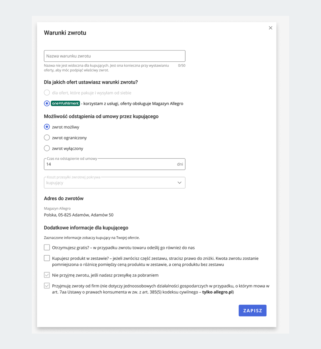 dodaj i zapisz warunki zwrotów