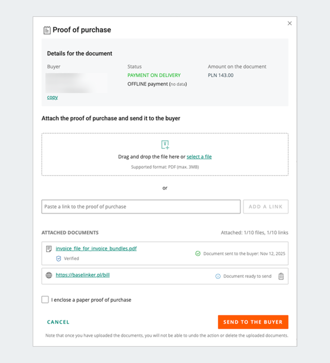 View of the Proof of purchase tab where sales documents or their links can be attached.
