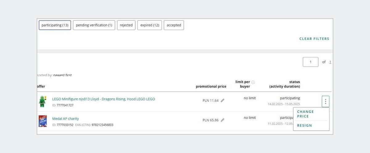 List of offers with status filters. Change Price and Resign options next to an offer.