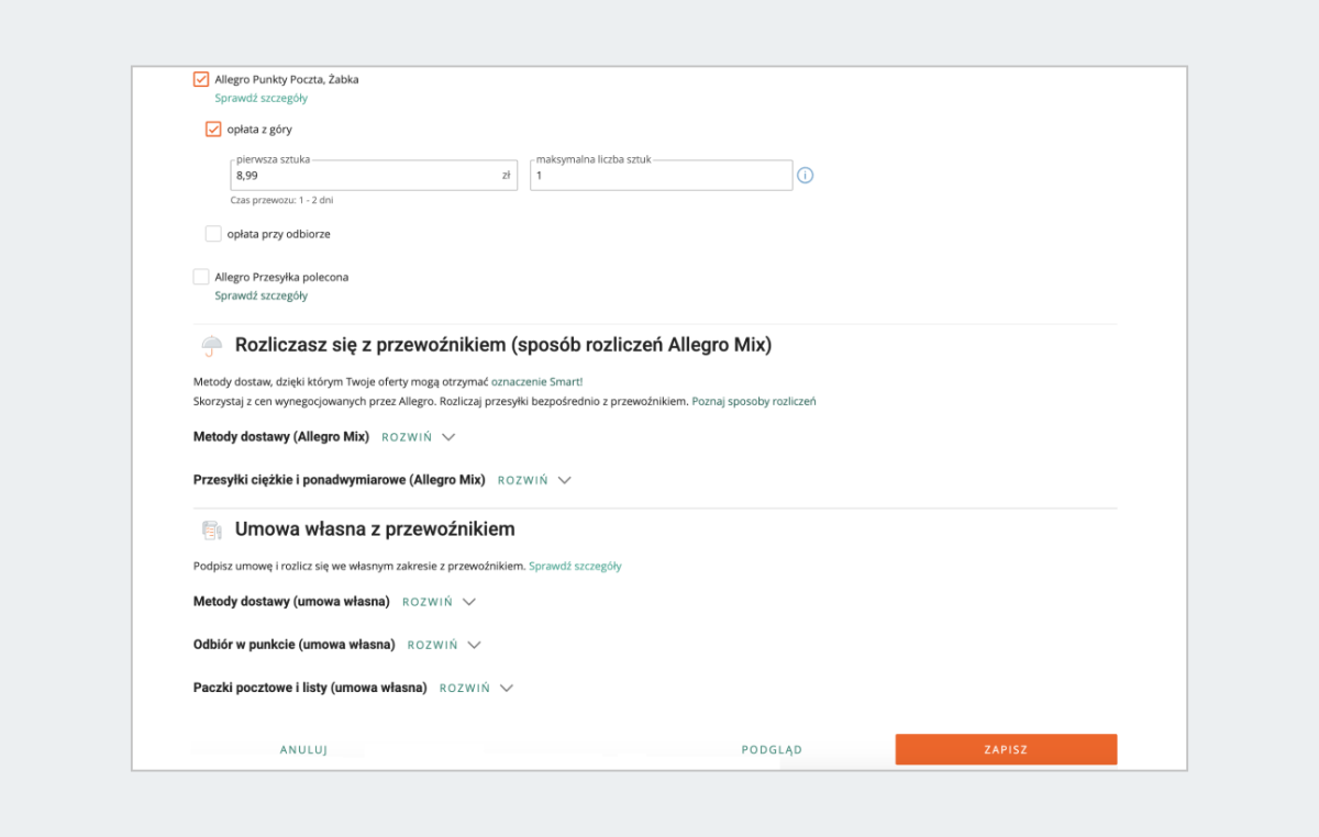 cennik dostaw podgląd