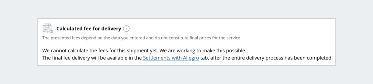 Screenshot of the ,,Calculated fee for delivery" section.