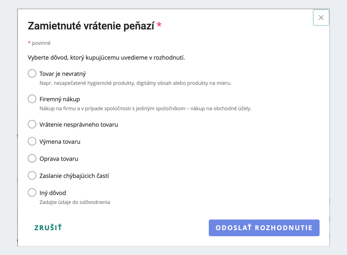 nové dôvody zamietnutnia vrátenia peňazí
