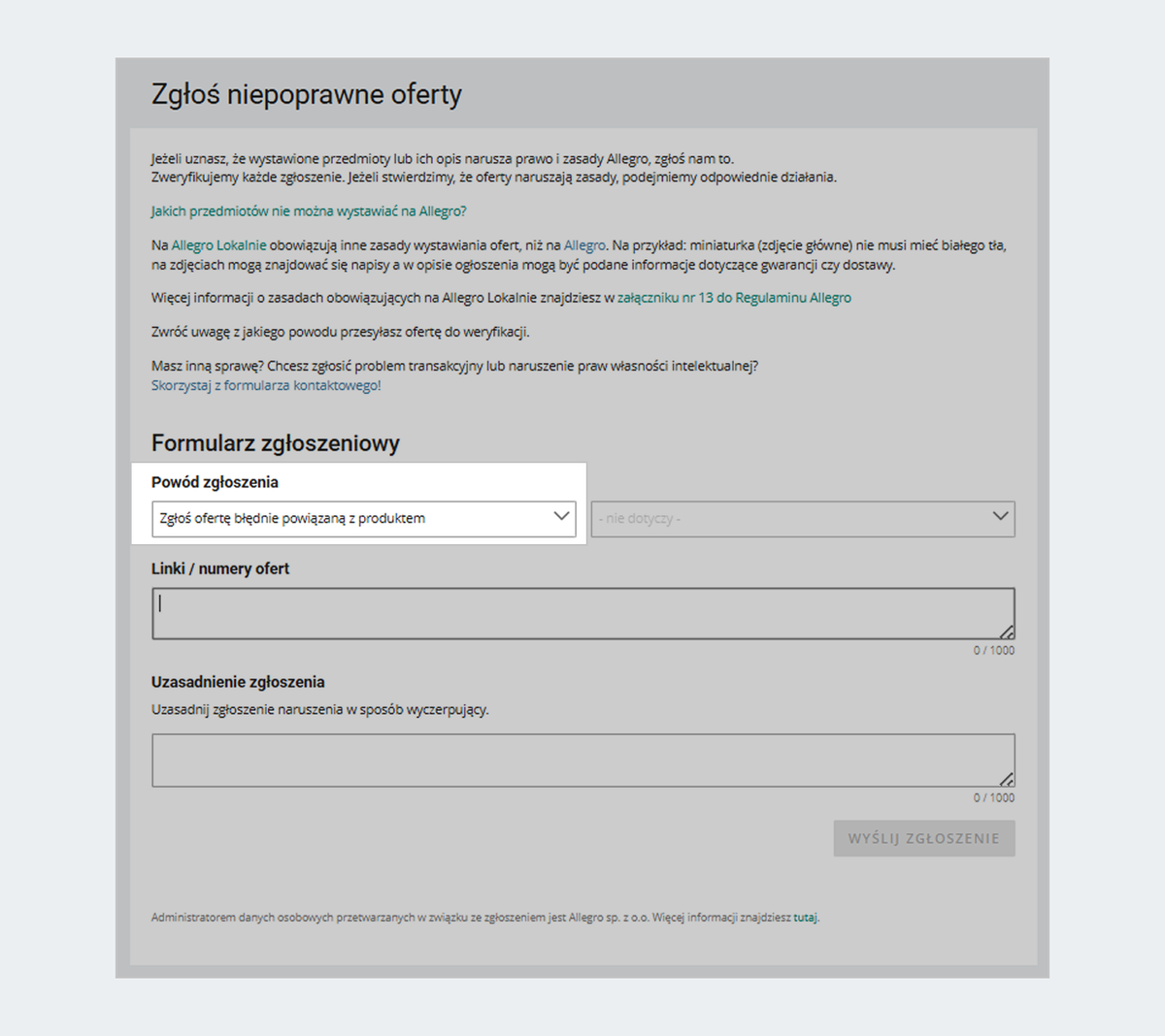formularz do zgłaszania niepoprawnych ofert - zaznacz opcję Zgłoś ofertę błędnie powiązaną z produktem