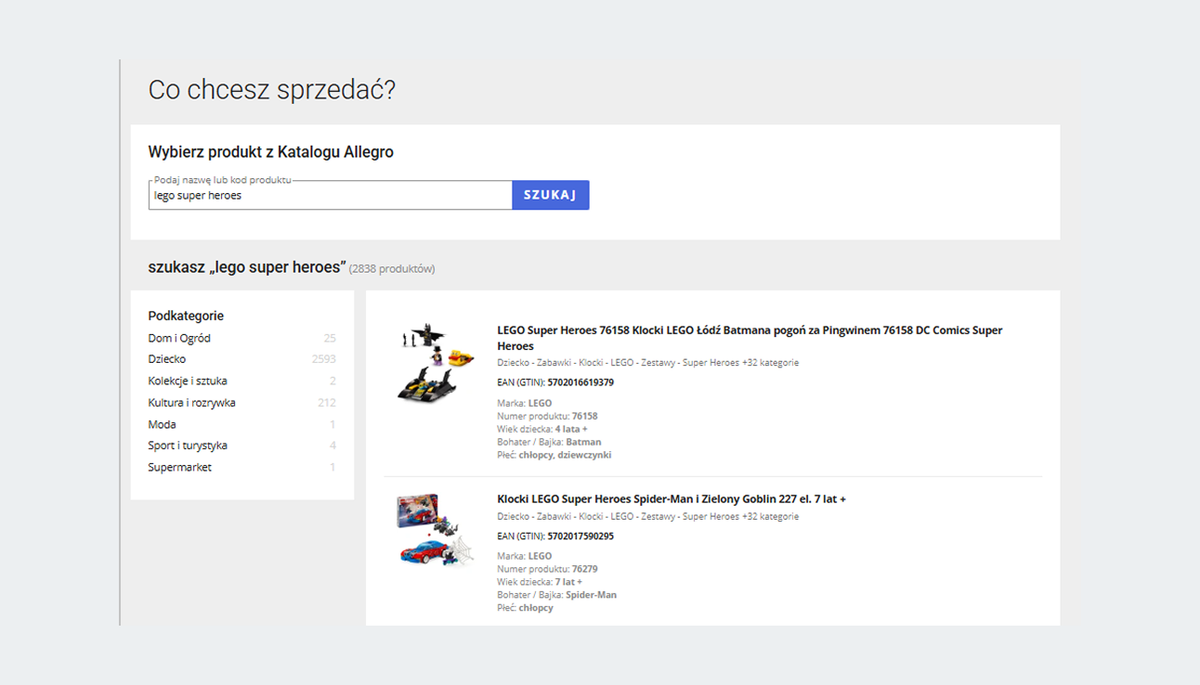 zrzut ekranu: wybór produktu z listy