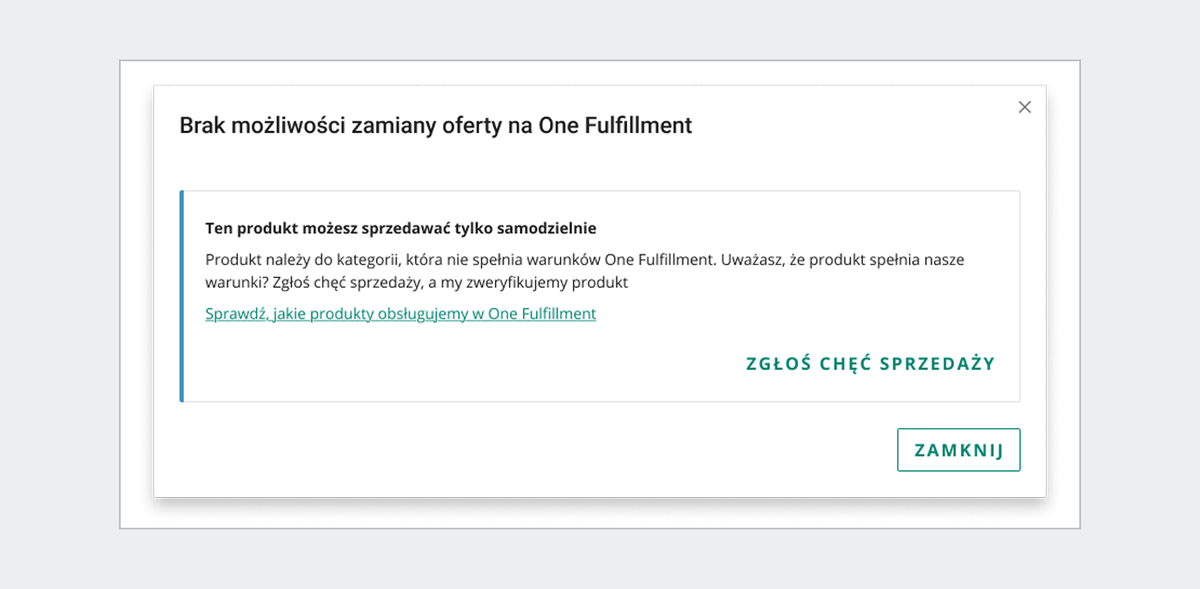 komunikat: brak możliwości zamiany oferty na One Fulfillment