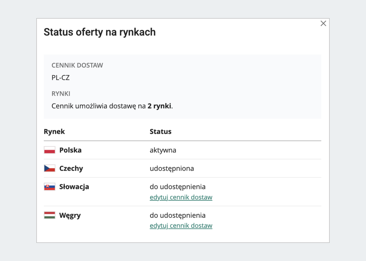 zrzut ekranu: status oferty na rynkach