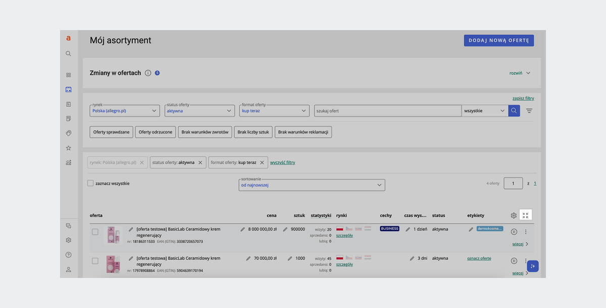 Widok zakładki Mój asortyment