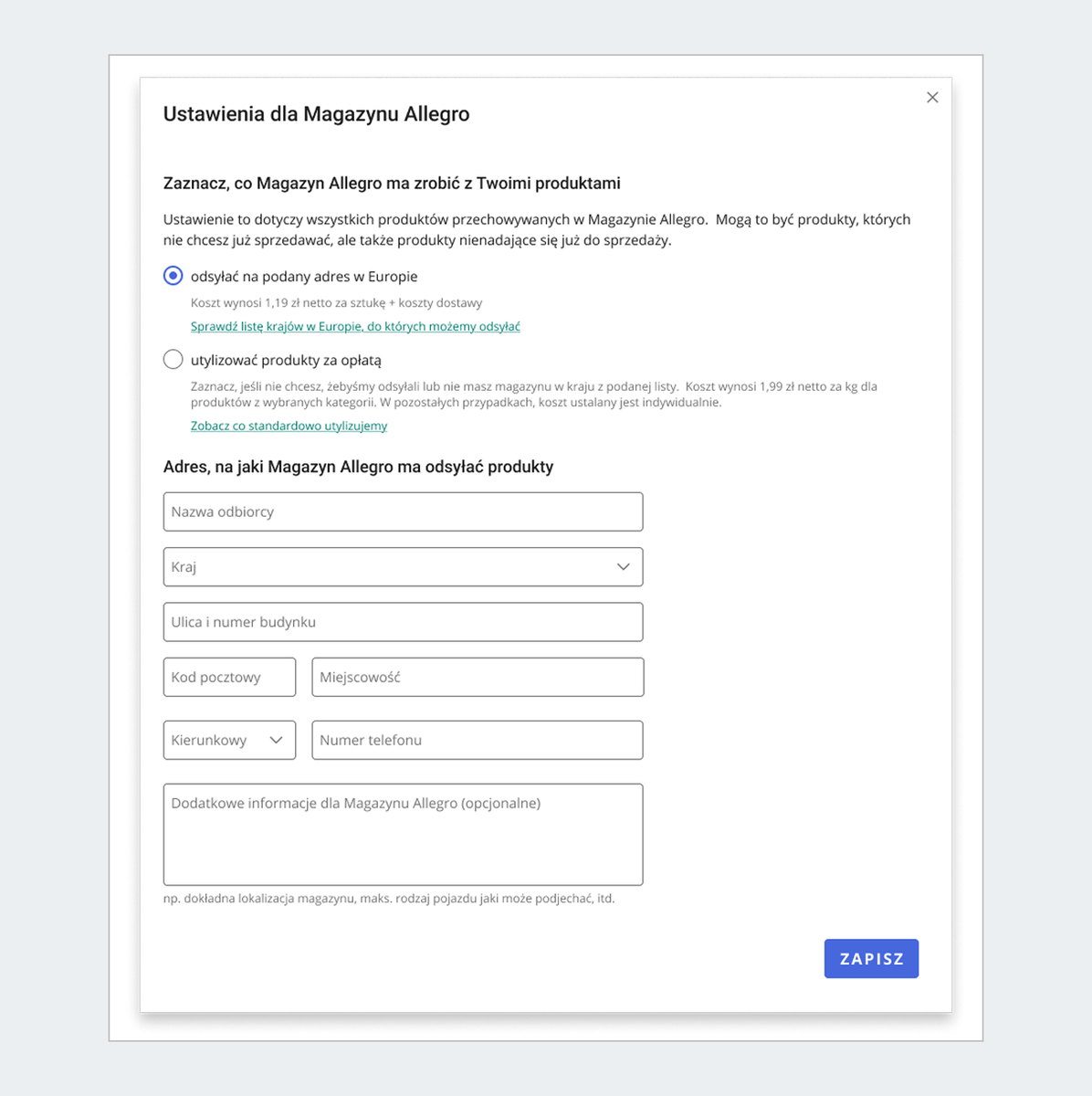 ustawienia dla Magazynu Allegro - zapisz zmiany