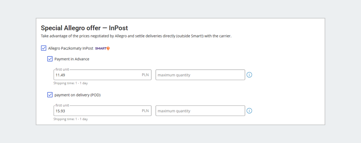 allegro packomaty in post section in add new shipping rates form