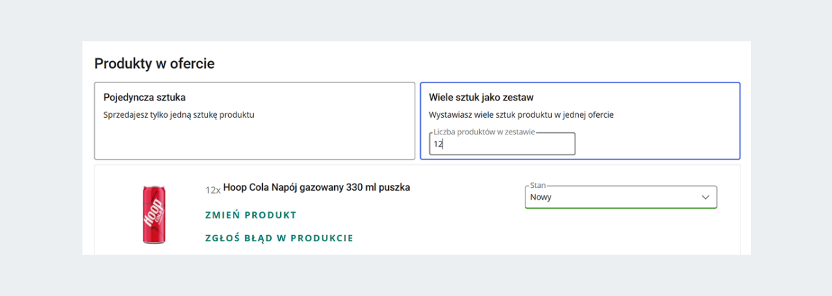 zrzut z ekranu: formularz wystawiania i wybór opcji wiele sztuk jako zestaw