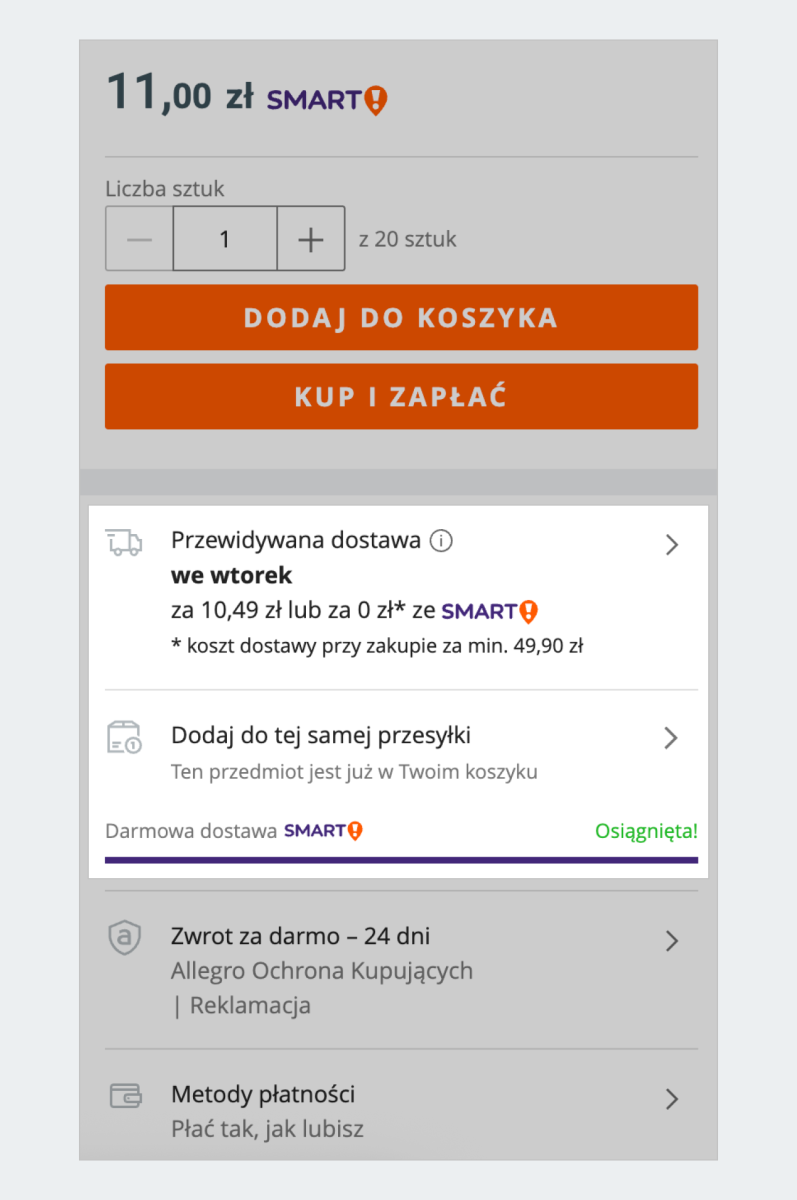 zrzut ekranu: przedstawia ofertę z nowym, testowym sposobem wyświetlania przewidywanego czasu dostawy przesyłki