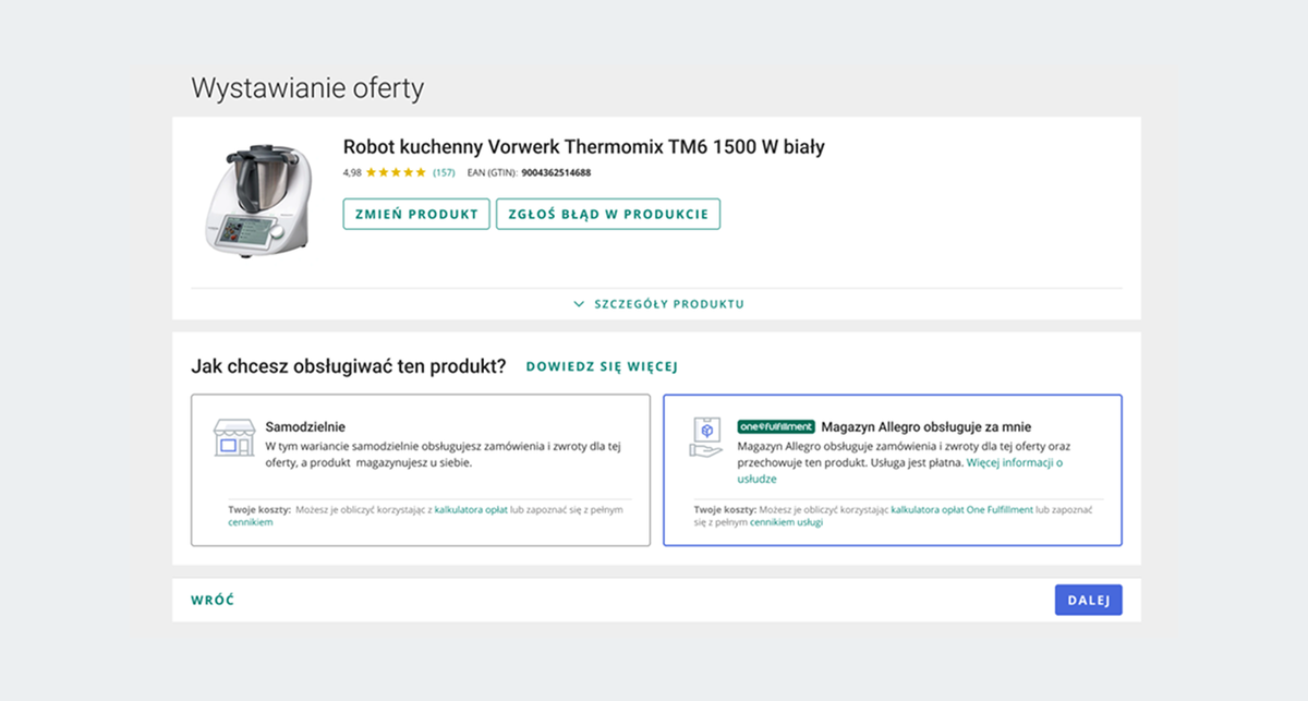 pole do wyboru: magazyn allegro obsługuje za mnie