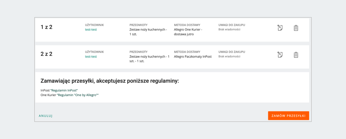 Ekran akceptacji regulaminu przed zamówieniem przesyłek