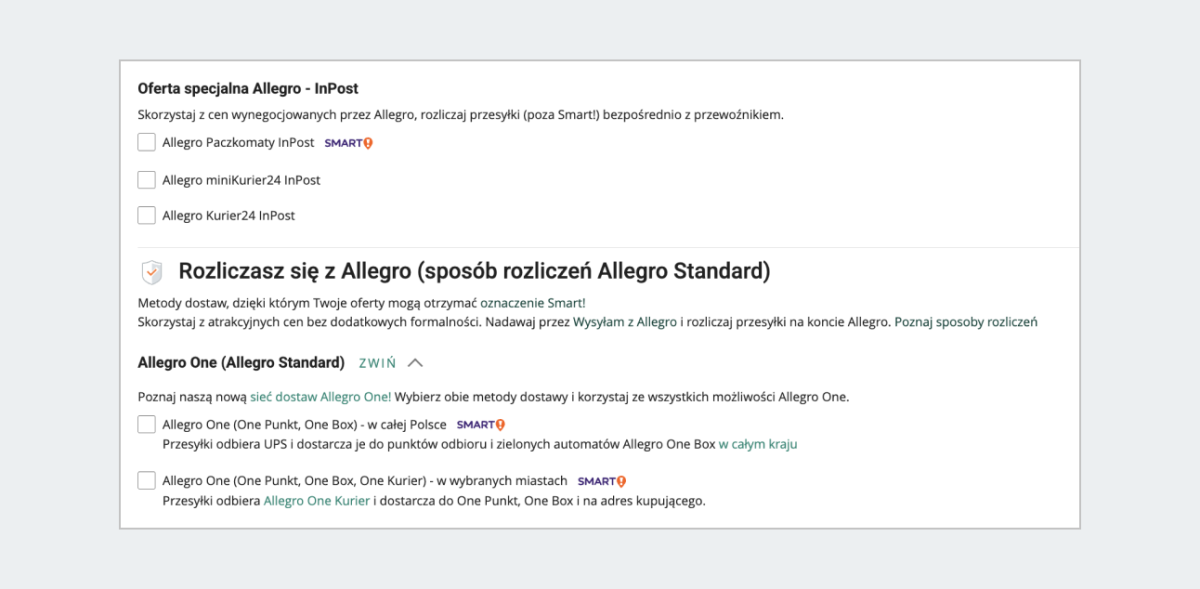 Oznaczenie Smart! na liście metod dostawy