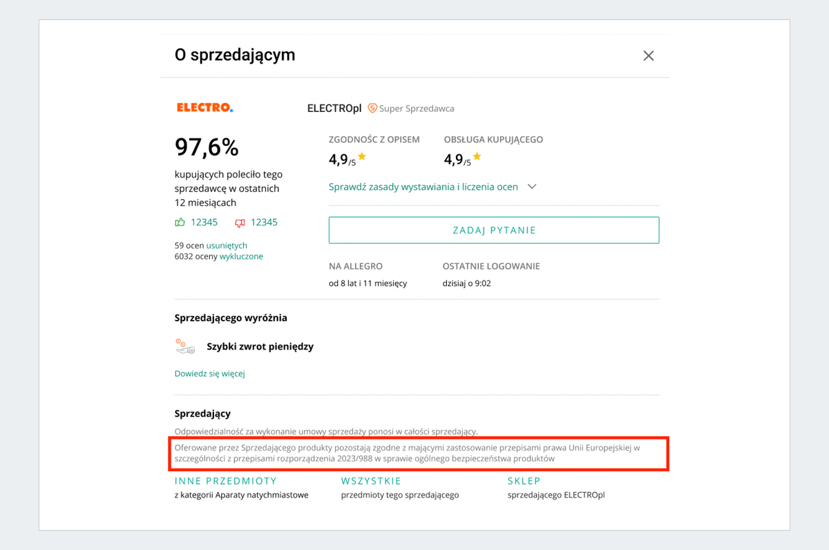 Zrzut ekranu: sekcja O sprzedającym. Jeśli sprzedający zadeklaruje, że sprzedaje produkty zgodne z GPSR w tej sekcji dodamy informację: Oferowane przez Sprzedającego produkty pozostają zgodne z mającymi zastosowanie przepisami prawa Unii Europejskiej w szczególności z przepisami rozporządzenia 2023/988 w sprawie ogólnego bezpieczeństwa produktów.
