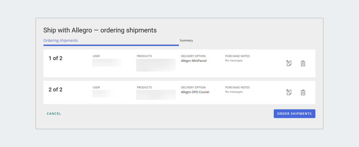ordering shipments