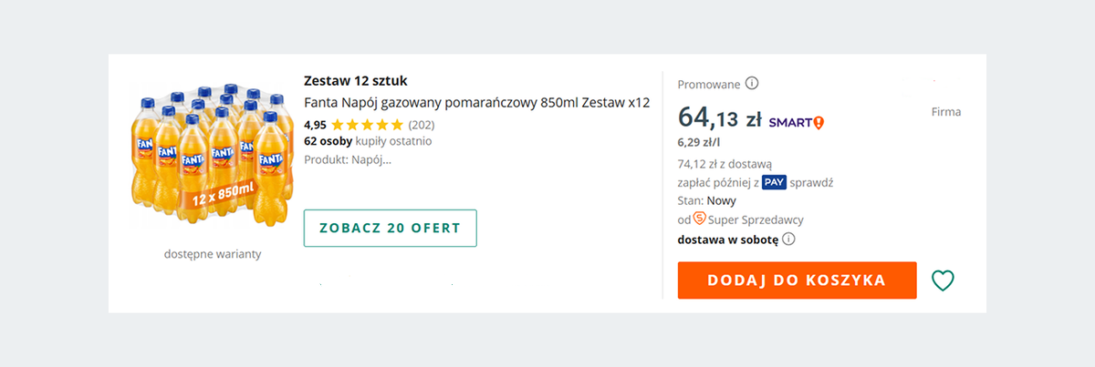 zrzut z ekranu: przykładowy zestaw produktów - dwanaście butelek napoju gazowanego fanta
