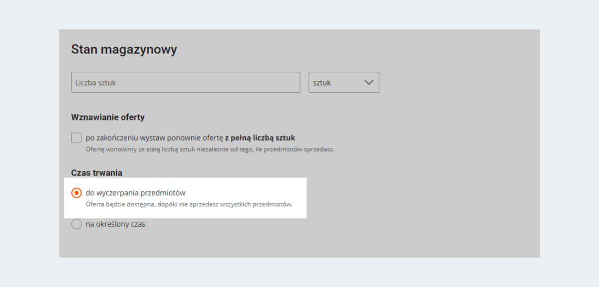 Czas trwania oferty w formularzu wystawiania