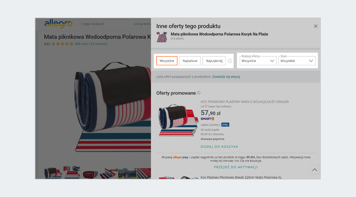 Opcje sortowania i filtry w sekcji Inne oferty tego produktu