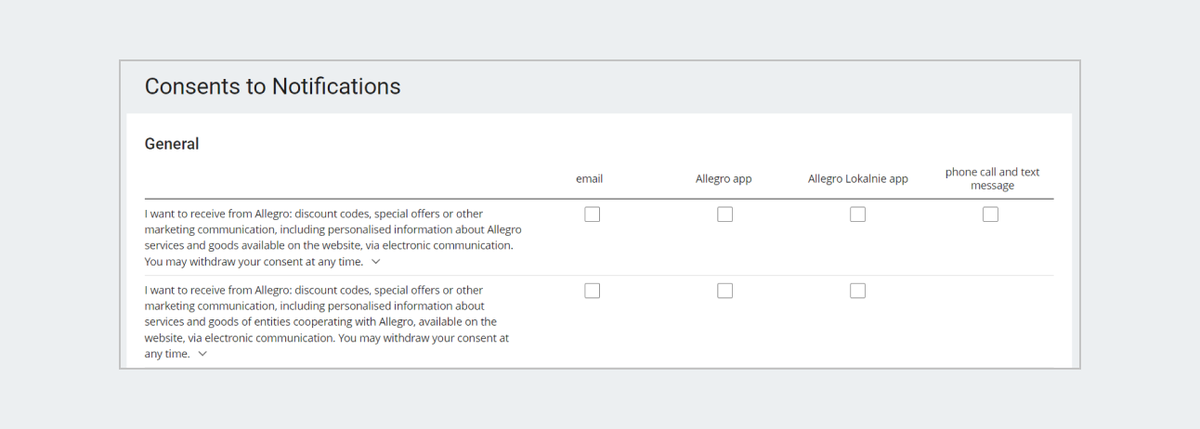 Consents to Notifications tab