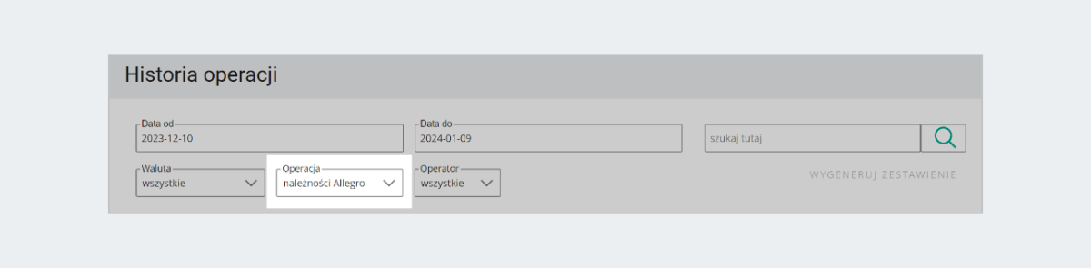 Nowa wartość w filtrze Operacja