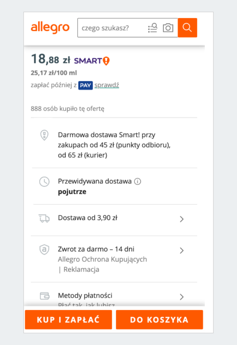 zrzut ekranu: przedstawia ofertę i przewidywany czas dostawy przesyłki