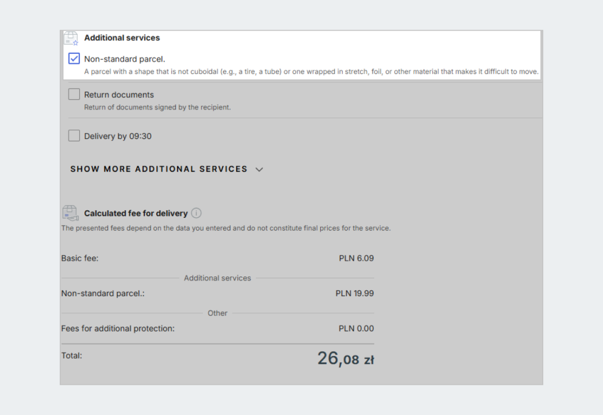 additional services section with non-standard parcel option selected