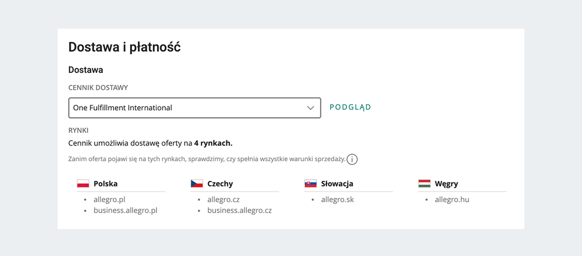 sekcja dostawa i płatność w formularzu wystawiania