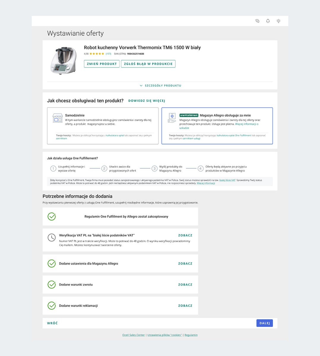 ekran z ustawionymi warunkami sprzedaży