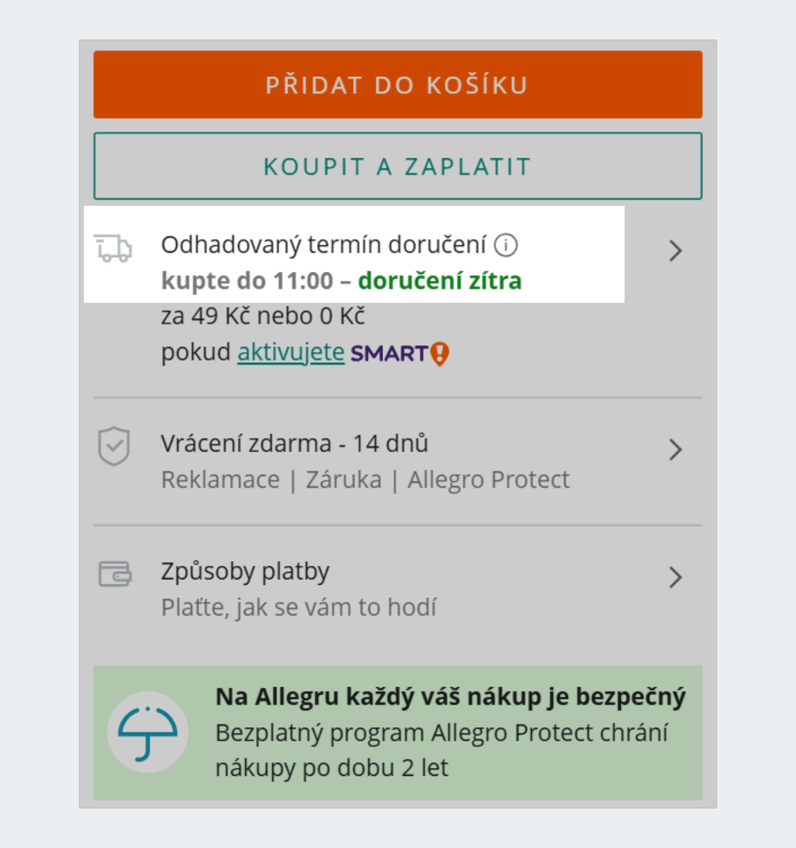 Informace o odeslání týž den – na stránce s nabídkou