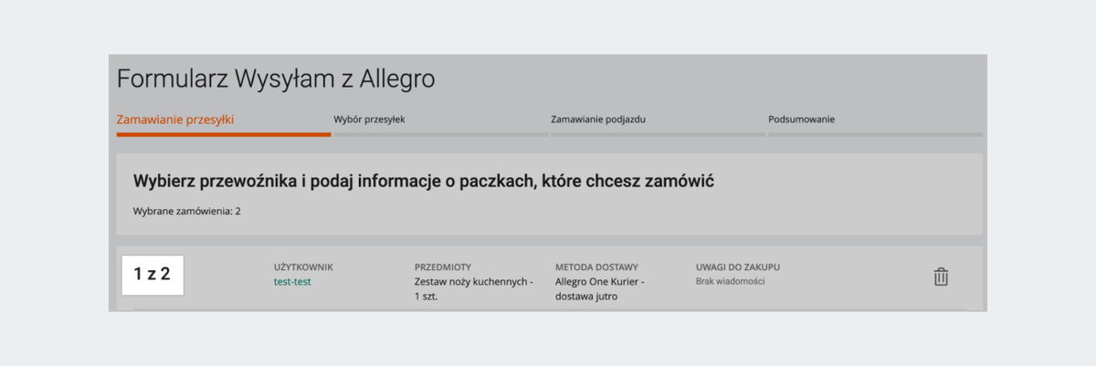 Oznaczenie 1 z 2, gdy nadajesz więcej niż jedno zamówienie jednocześnie