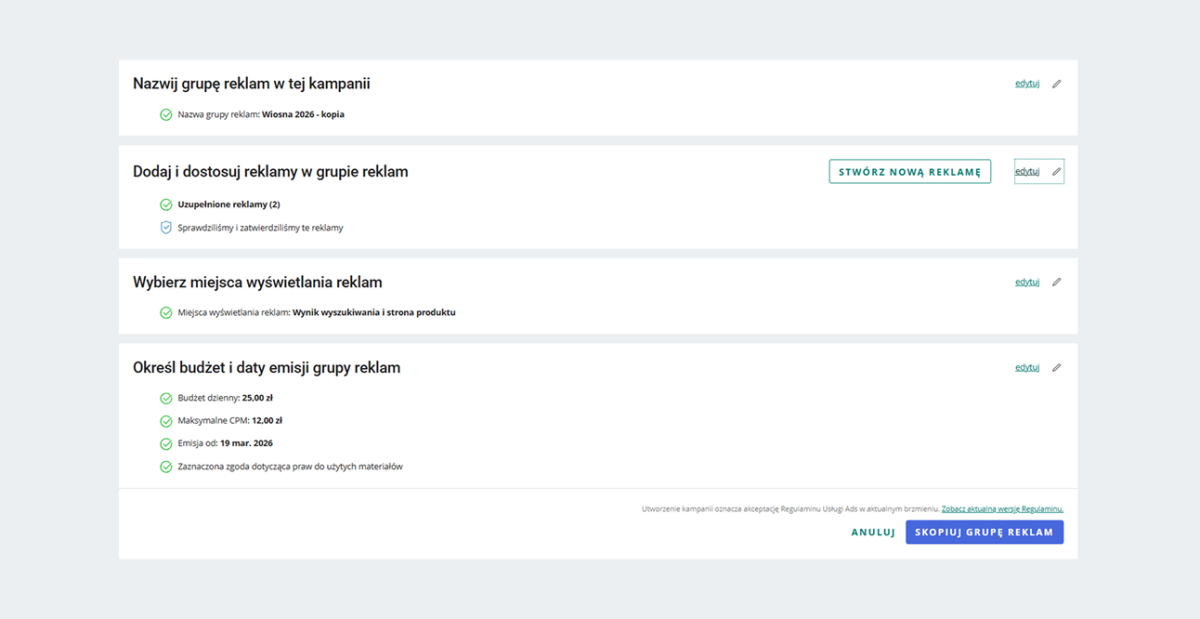 zrzut ekranu: skopiowane parametry grupy reklam Allegro Ads